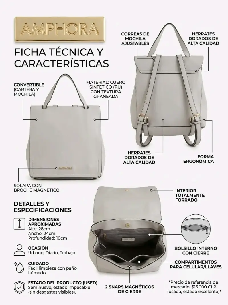 Mochila convertibl Amphora gris con broche magnéti - 2