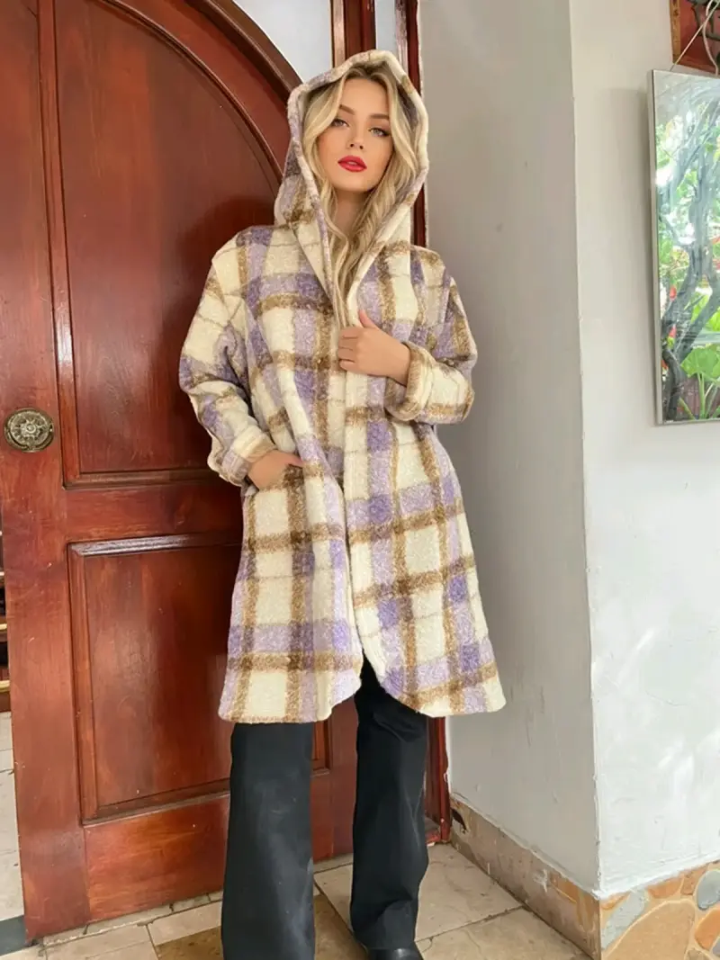 Abrigo de lana a cuadros con capucha para mujer