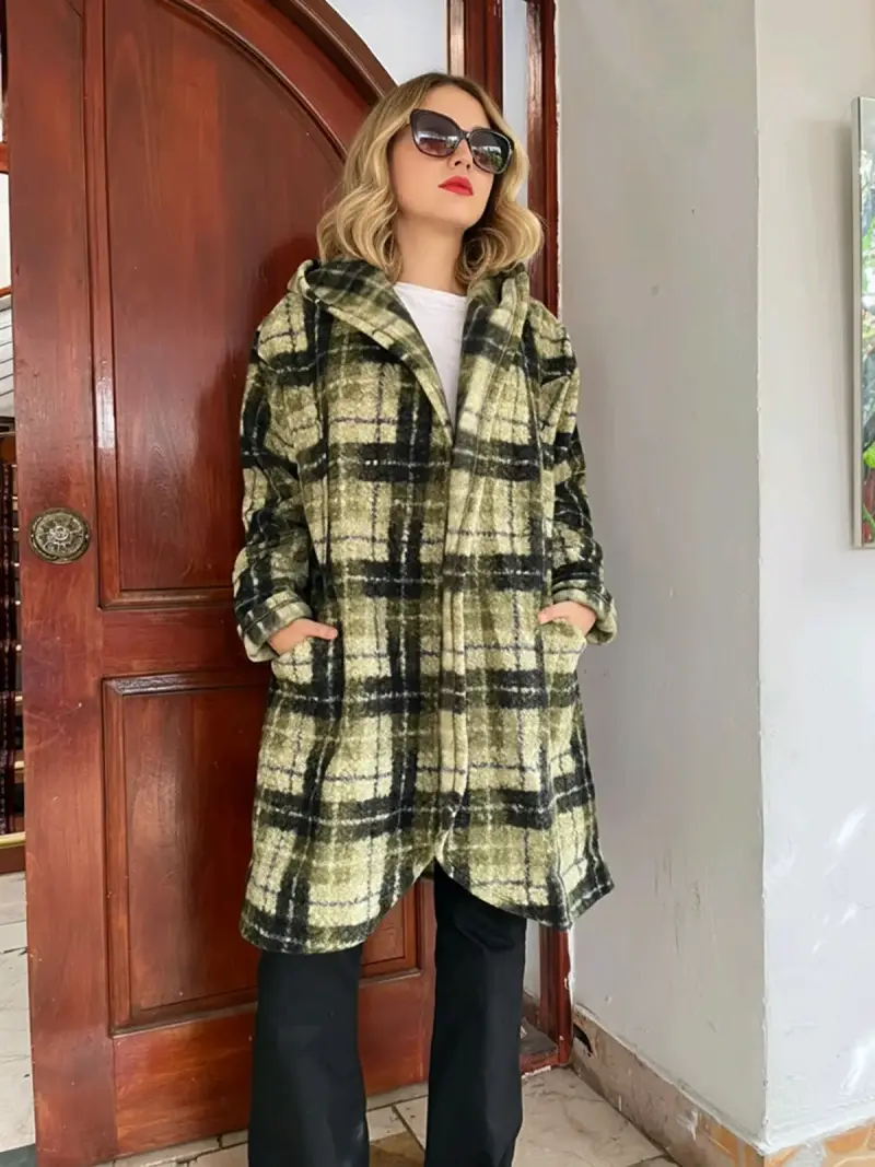 Abrigo de lana a cuadros con capucha para mujer - 2