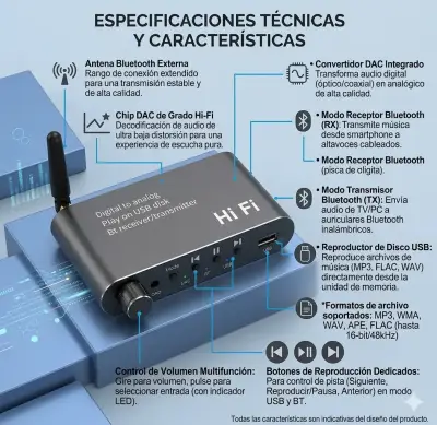 Receptor transmisor Bluetooth Hi Fi multifuncional - miniatura 5