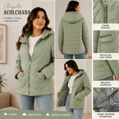 Chaqueta acolchada verde con capucha y bolsillos - miniatura 1