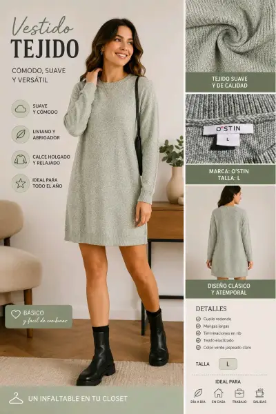 Vestido tejido verde jaspeado O'Stin talla L - miniatura 1