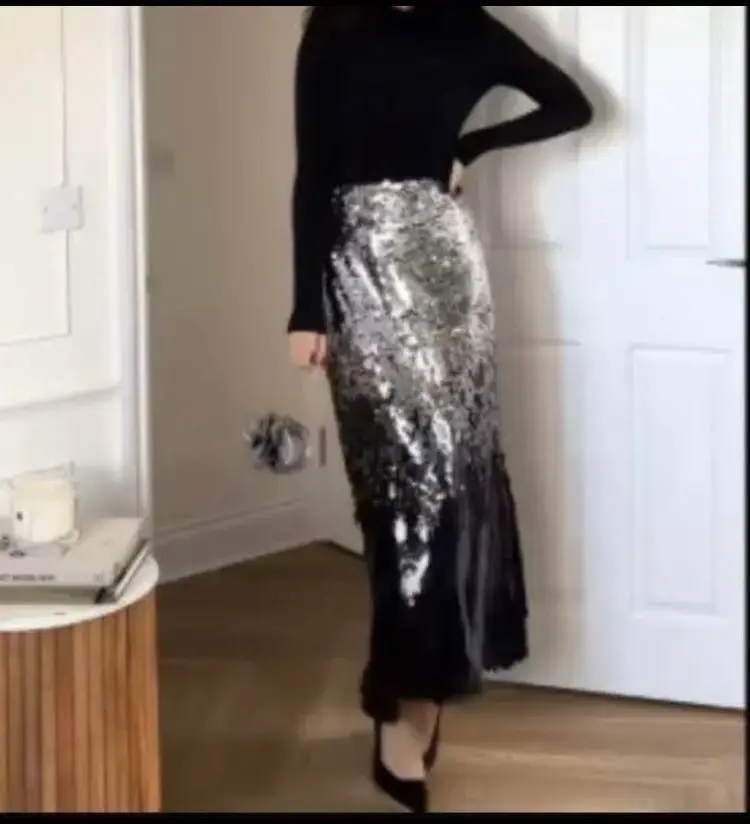 Falda larga de lentejuelas H&M negra - 4