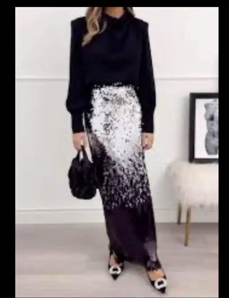 Falda larga de lentejuelas H&M negra - 5