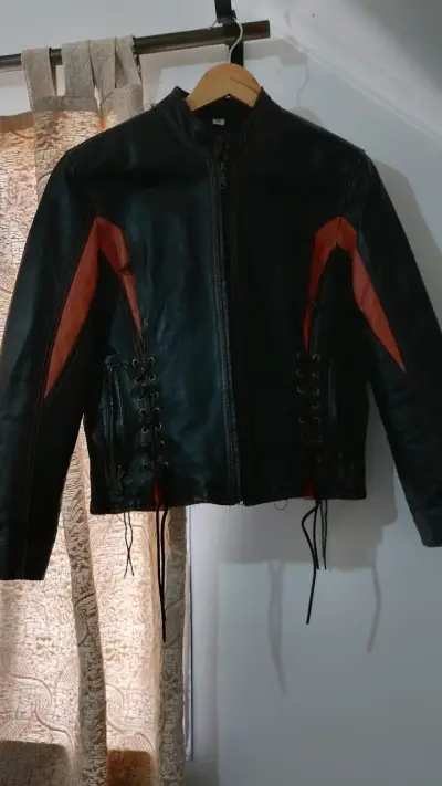 Chaqueta de cuero Rockin Leather negra con naranjo - miniatura 1