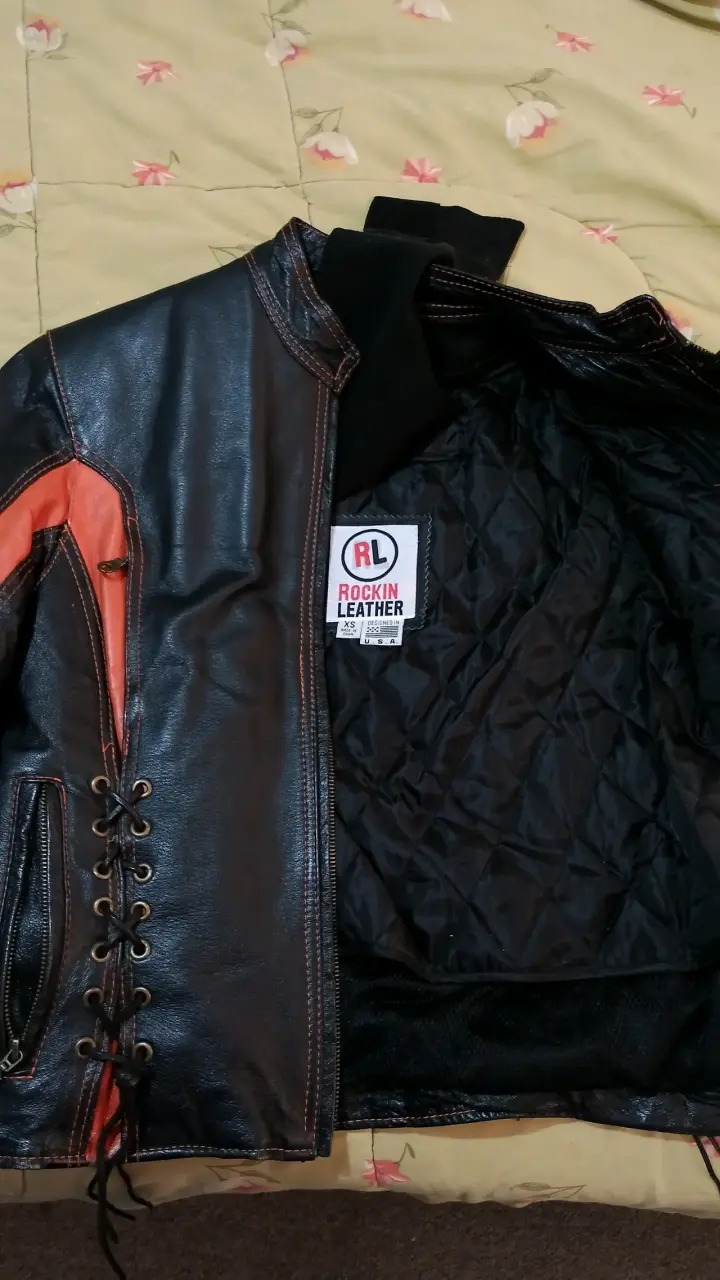 Chaqueta de cuero Rockin Leather negra con naranjo - 3