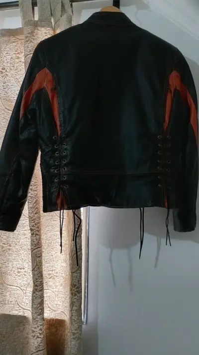 Chaqueta de cuero Rockin Leather negra con naranjo - miniatura 4