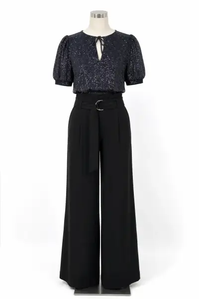 Pantalones anchos negros con cinturón - miniatura 2