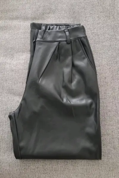 Pantalones de cuero sintético negro para mujer - miniatura 1