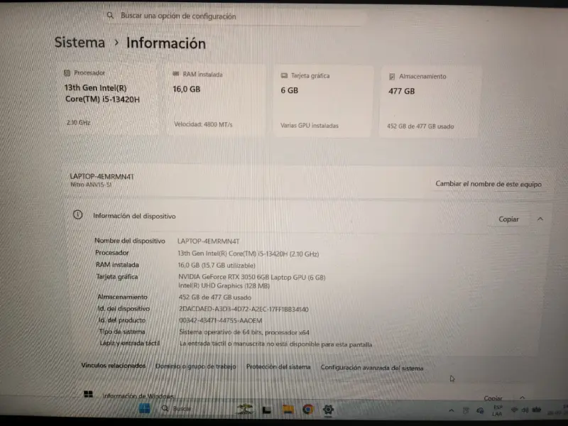 LAPTOP ACER INTEL I5 Y NVIDIA RTX 3050 16 GB ram - 4