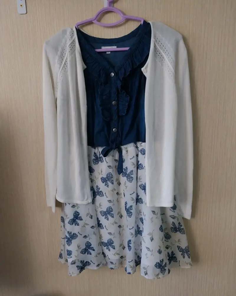 Vestido azul con estampado floral y chaleca blanca - 1