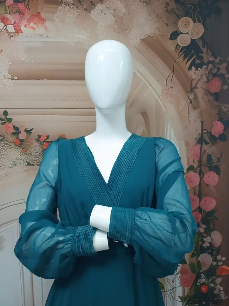 Vestido de gasa verde con mangas largas - 1
