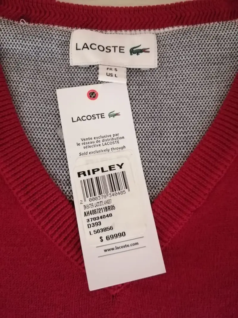 Suéter Lacoste burdeo, cuello V, nuevo, original - 3
