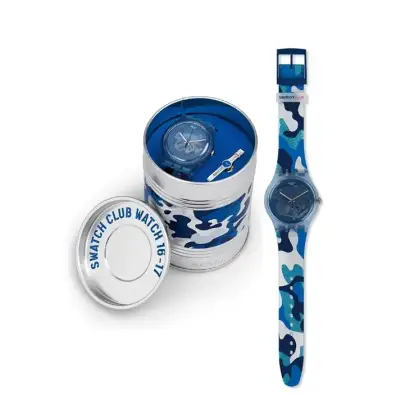 Reloj Swatch azul camuflaje, caja original metal, - miniatura 1