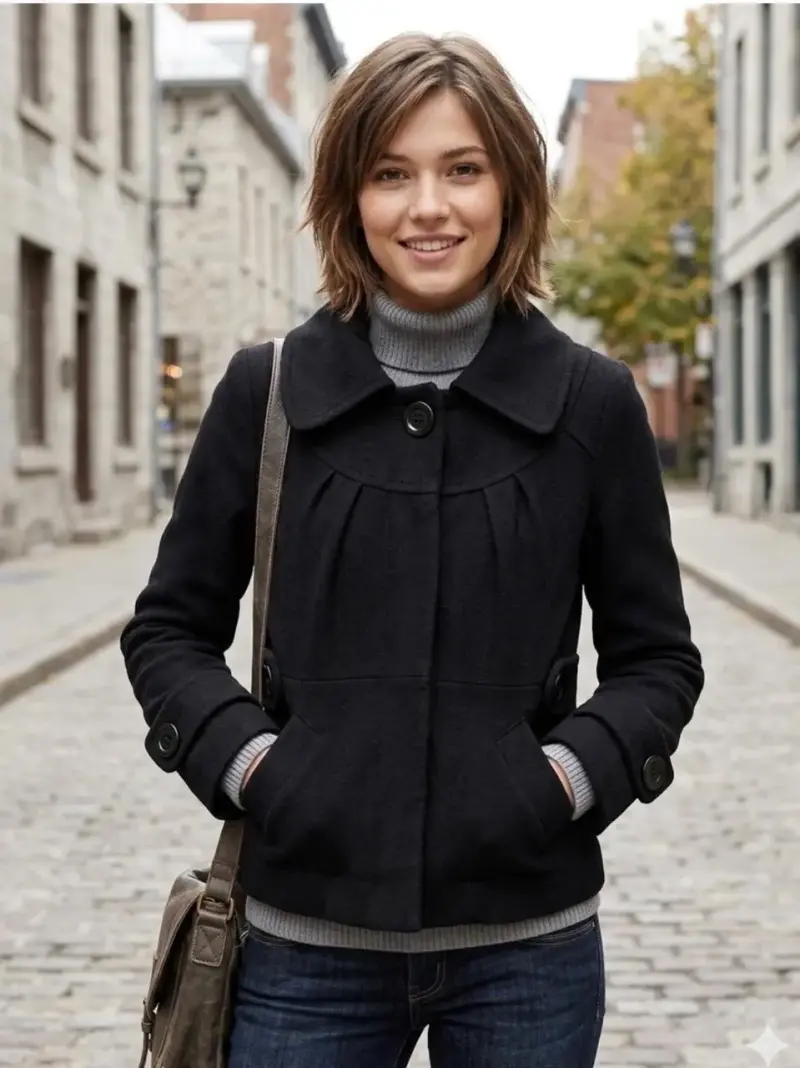 Abrigo corto negro elegante, talla S