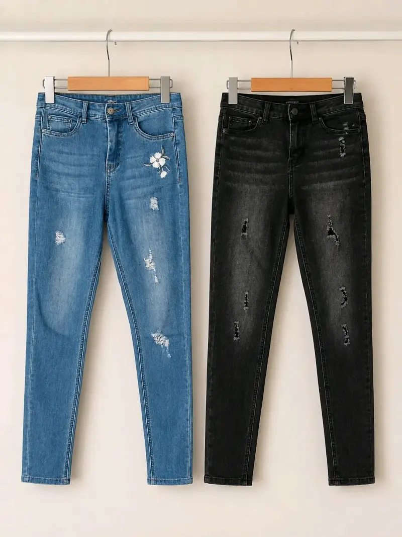 2 Jeans de mujer desgastados azul y negro