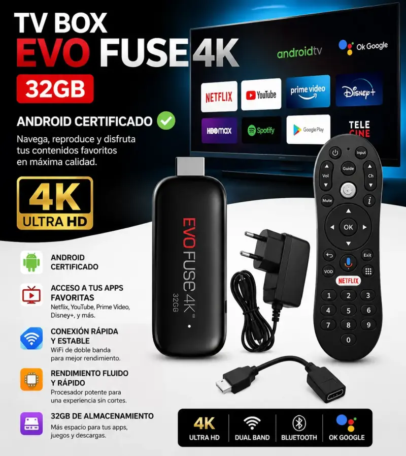 TV Box EVO Fuse 4K 32GB Android Certificado