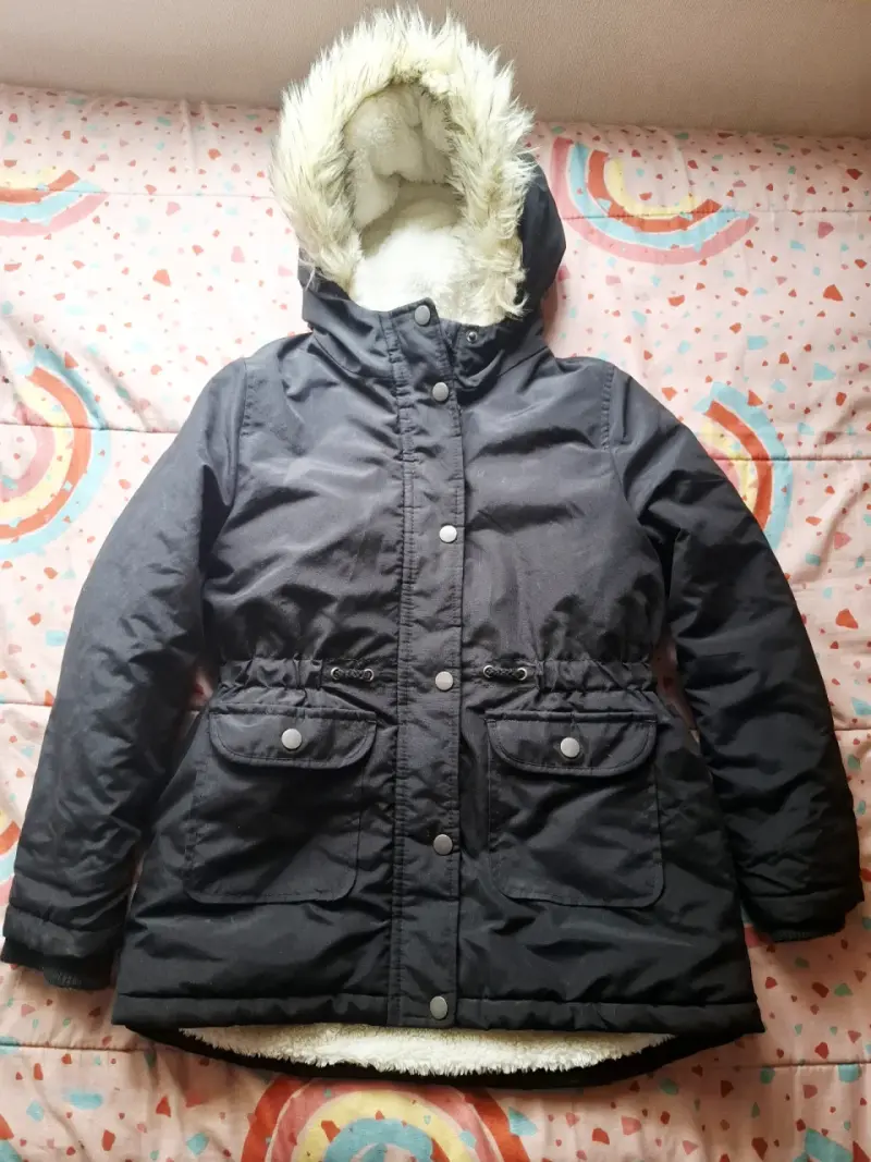 Parka negra con capucha de piel sintética T10 Niña - 1
