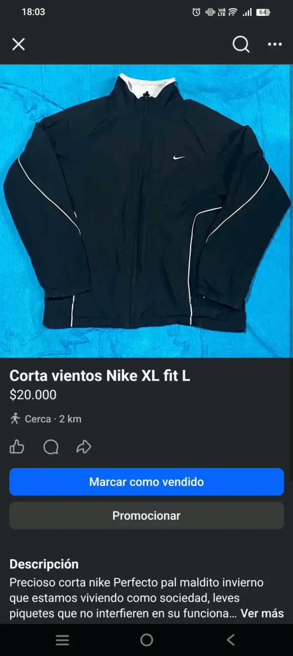 Corta vientos Nike negro talla XL
