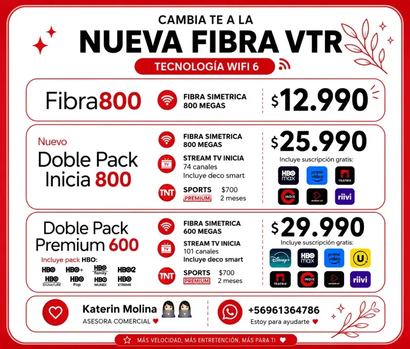 Plan de Internet Fibra VTR 800 Megas con TV y Streaming