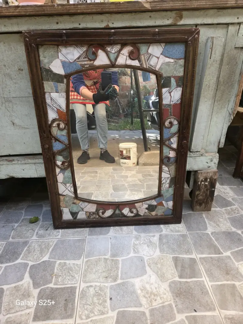 Espejo antiguo con marco de mosaico decorativo - 6
