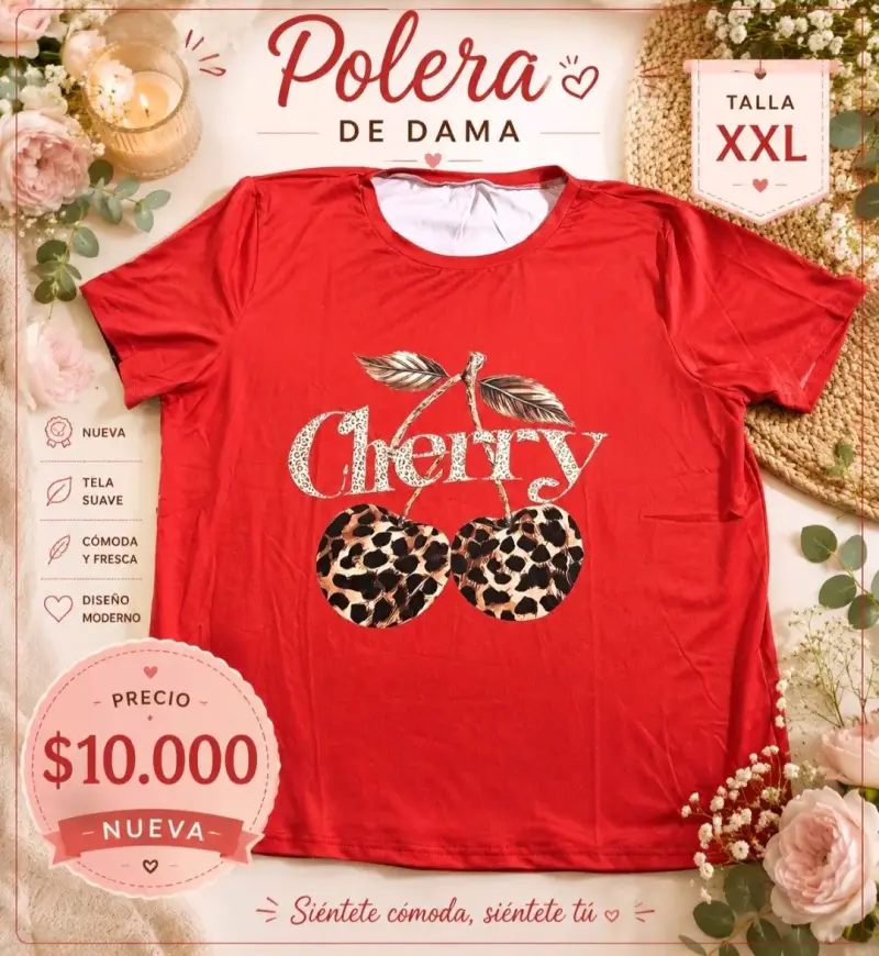 Polera de dama roja con diseño Cherry