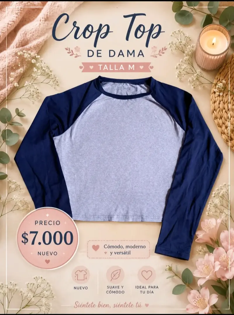 Crop top de dama manga larga azul y gris