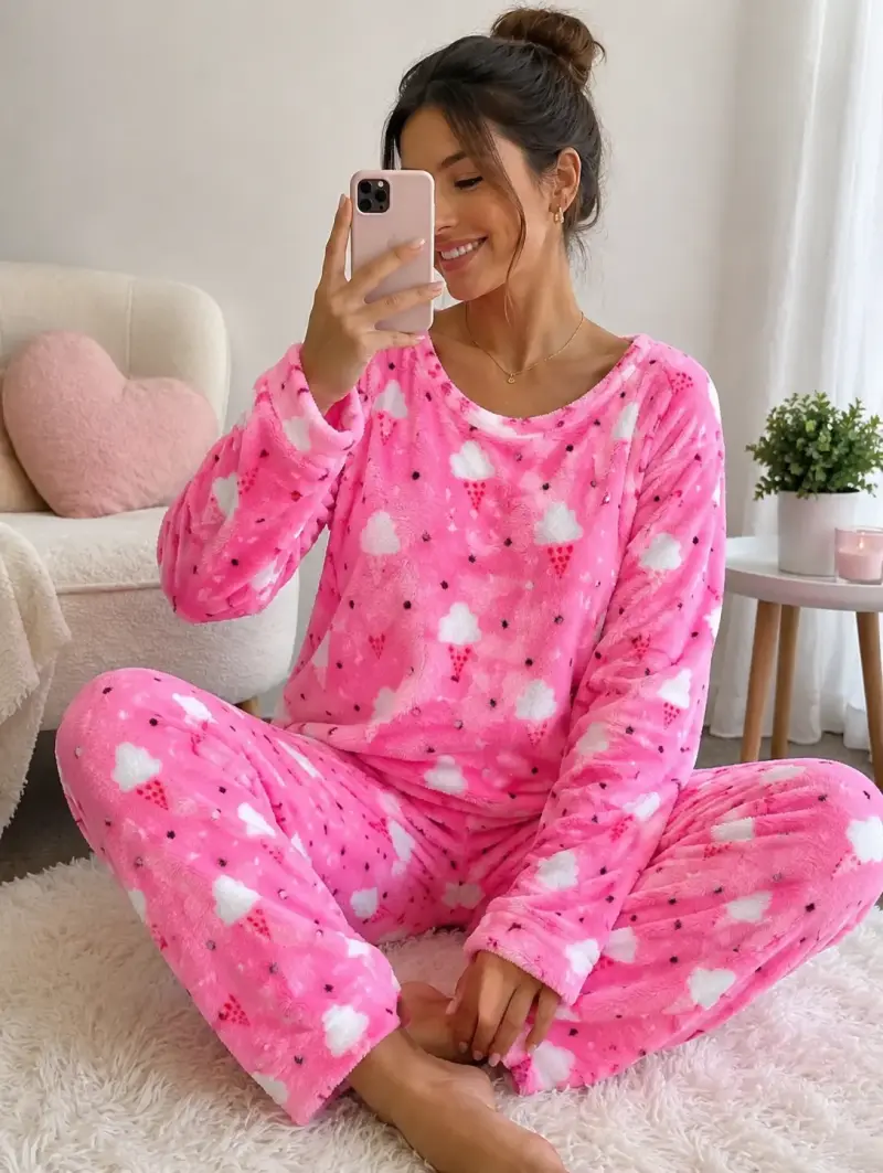 Pijama de polar rosa con estampado de helados - 1