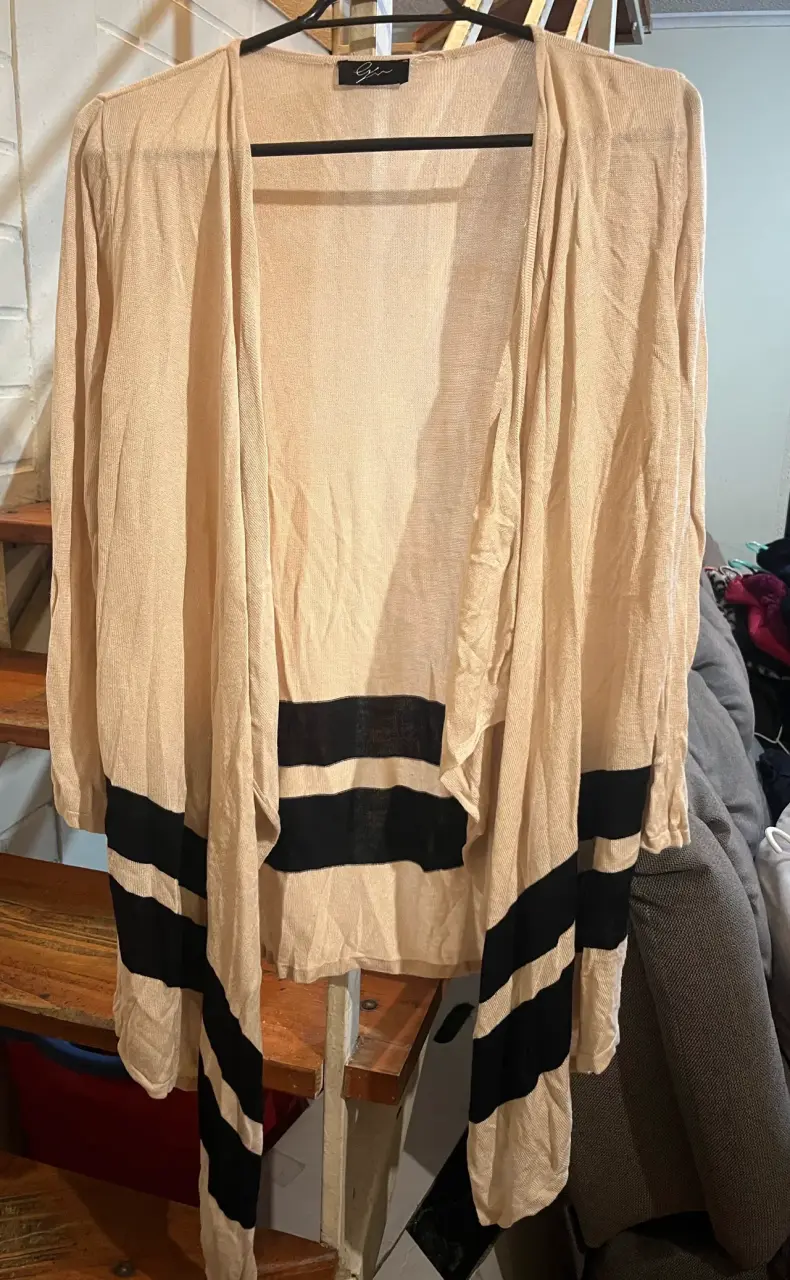 Cardigan beige con rayas negras para mujer - 1