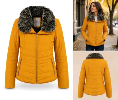 Chaqueta amarilla con cuello de piel sint - miniatura 1