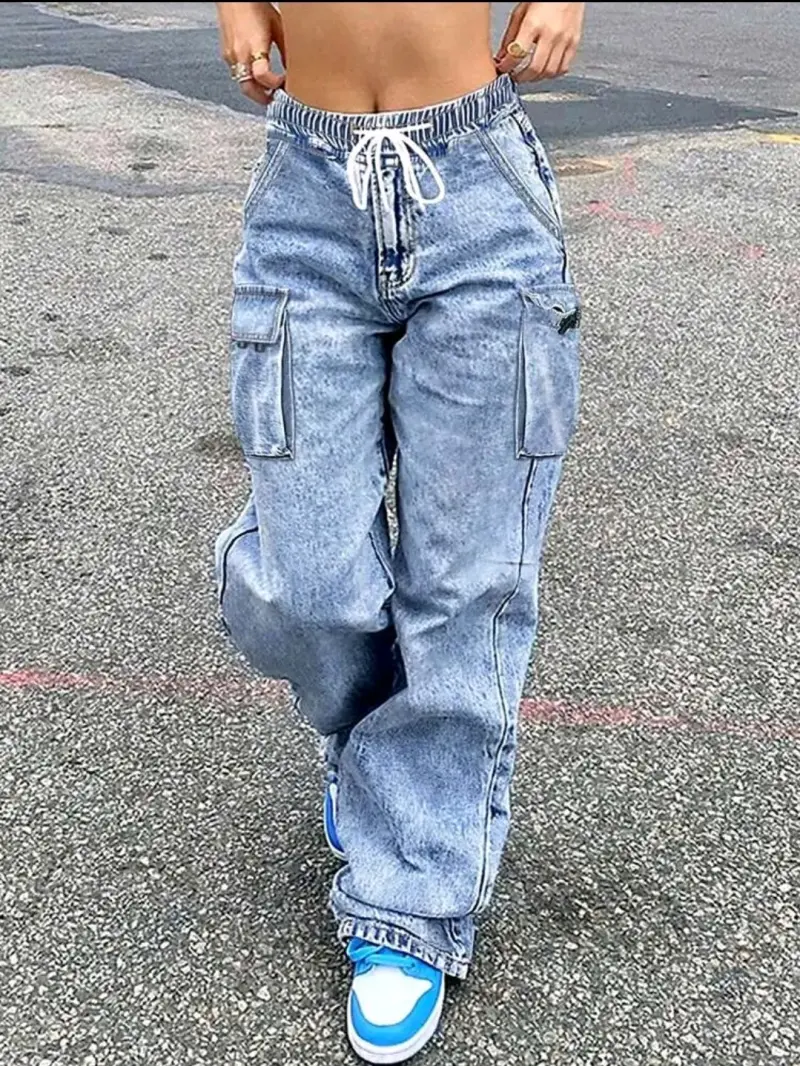 Pantalones cargo de mezclilla azul para mujer - 1