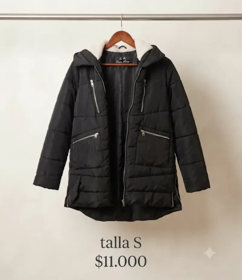 Parka negra con capucha y forro talla S