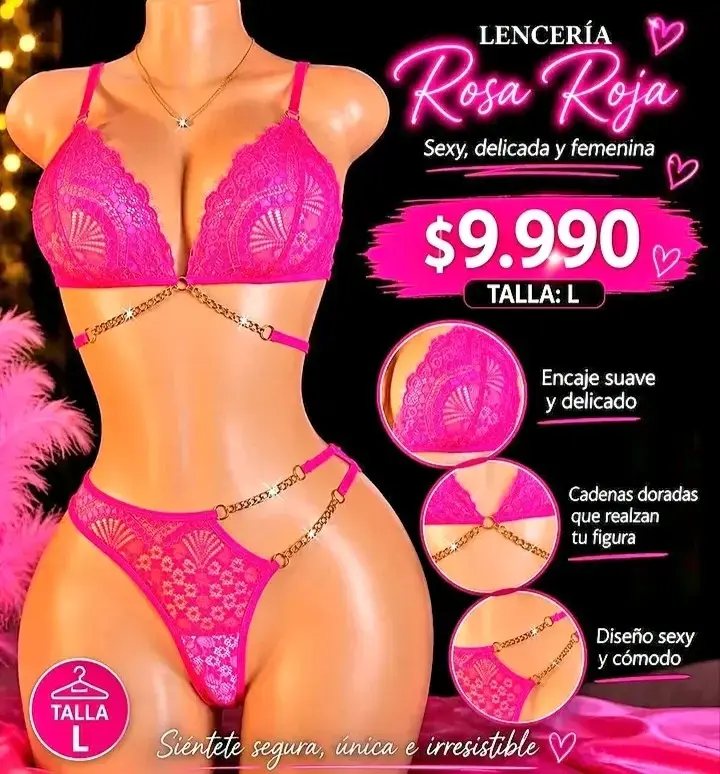 Conjunto de lencería rosa con encaje y cadenas doradas