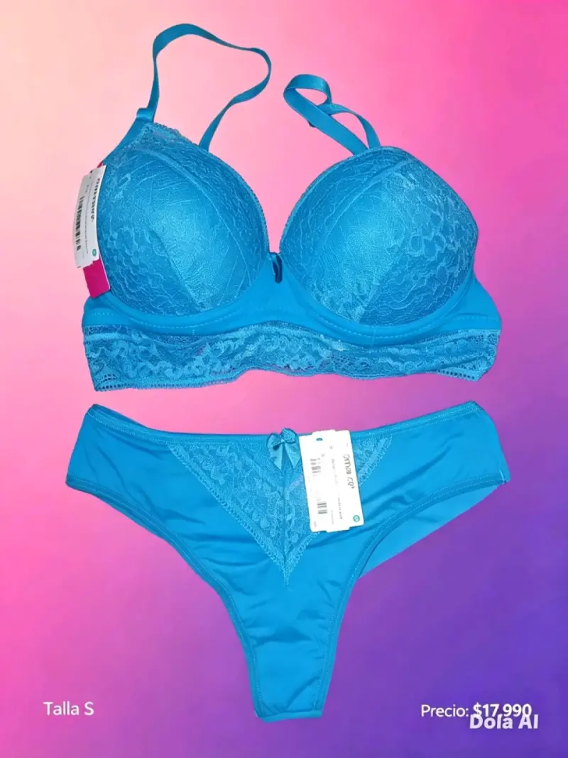 Conjunto de lencería azul con encaje talla S