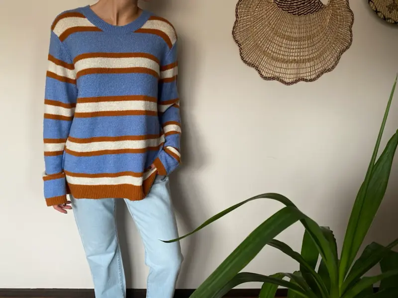 Suéter de rayas azul y marrón para mujer - 1