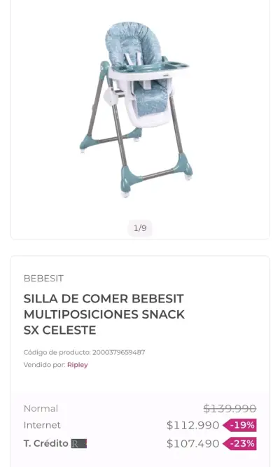 Silla de Comer Bebesit Multiposiciones Celeste - miniatura 2
