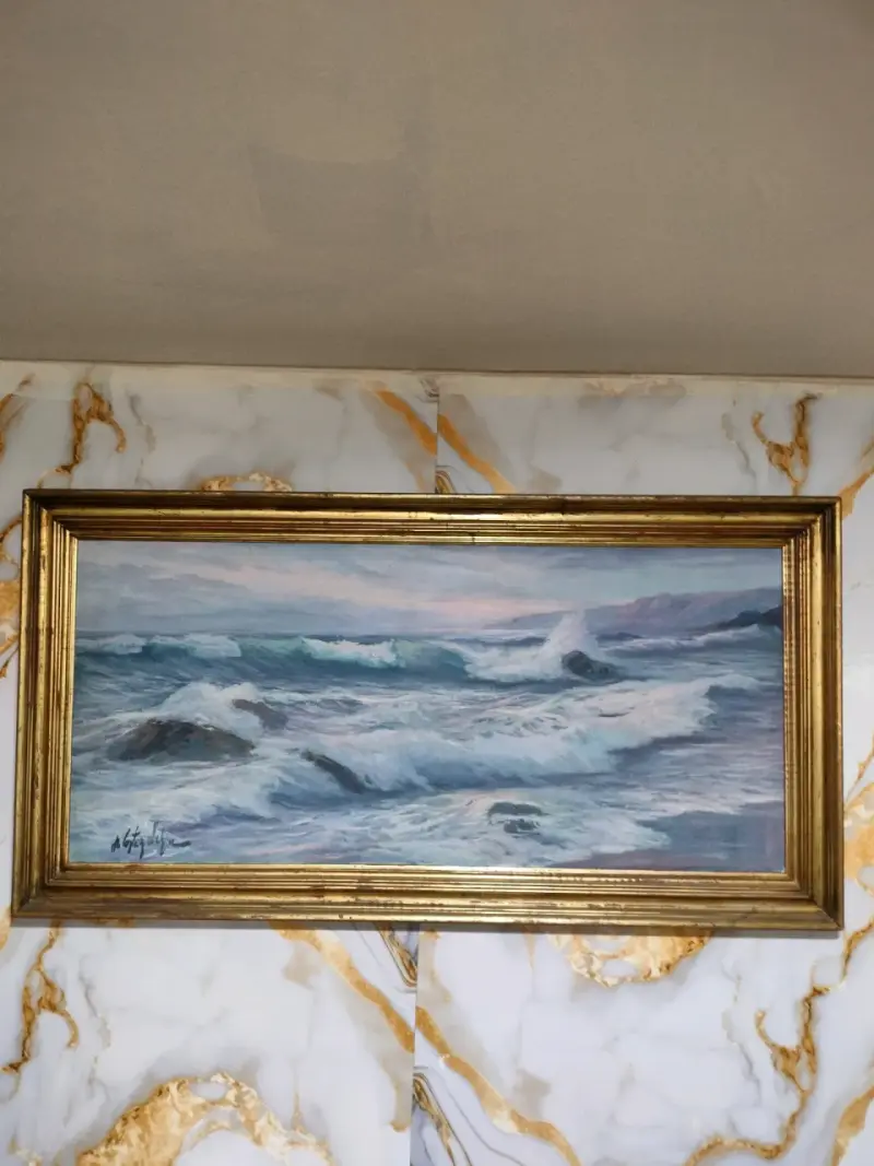 Cuadro de paisaje marino con marco dorado - 2