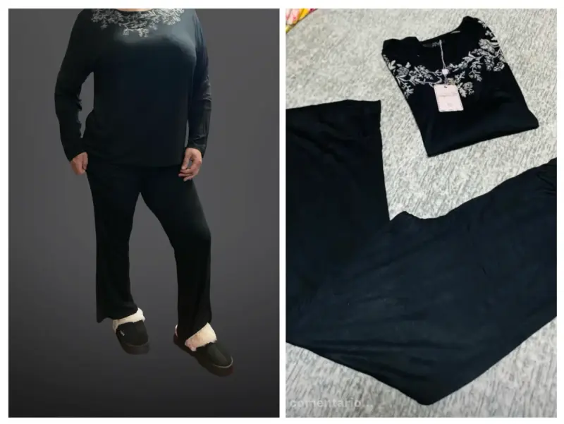 Pijama negro con bordado floral mujer - 2