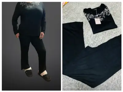 Pijama negro con bordado floral mujer - miniatura 2