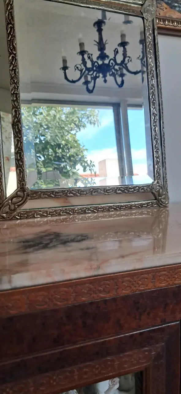 Antiguo espejo madera con alpaca y espejo biselado - 2