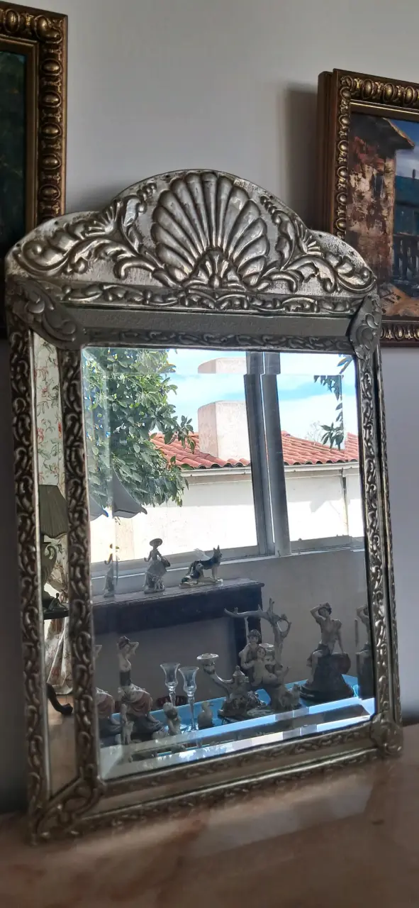 Antiguo espejo madera con alpaca y espejo biselado - 3