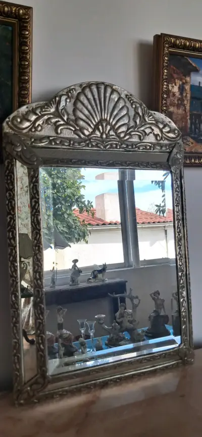 Antiguo espejo madera con alpaca y espejo biselado - miniatura 3