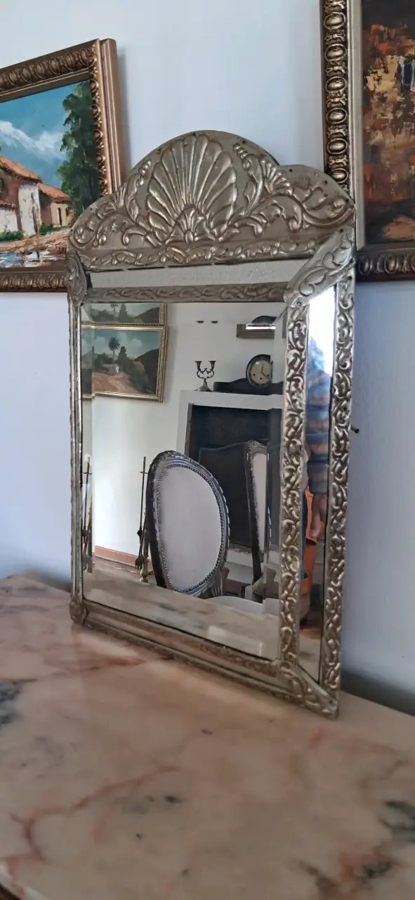 Antiguo espejo madera con alpaca y espejo biselado - 4