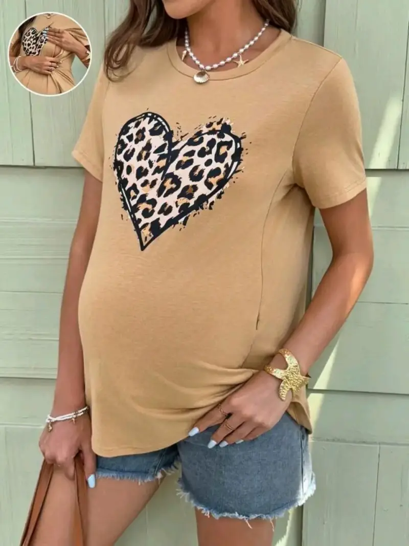 Polera Maternidad Beige con Estampado de Corazón