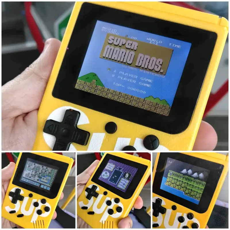 Consola portátil retro SUP amarilla con juegos clásicos
