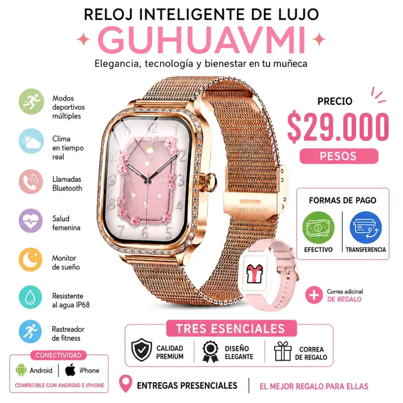 Reloj Inteligente de Lujo Guhuavmi Rosado