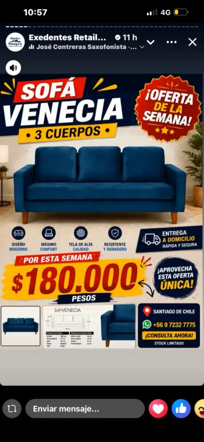 Sofá Venecia 3 Cuerpos Moderno Azul - miniatura 3