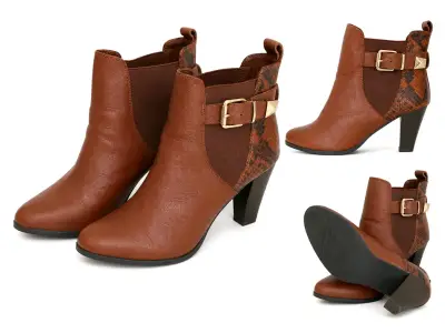 Botines de cuero marrón con tacón y hebilla - miniatura 1