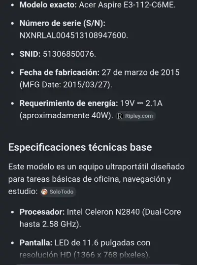 Laptop Acer Aspire E3-112 Para desarme completo - miniatura 4