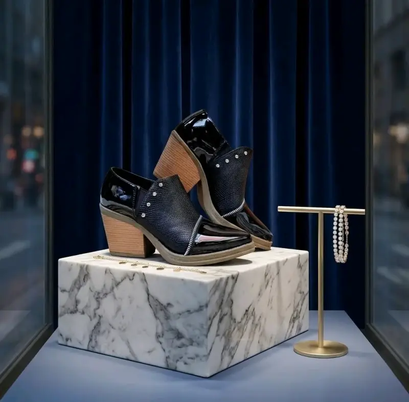 Botines de cuero negro con tacón de madera